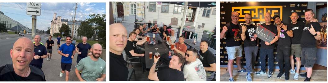 Three images of Zure people doing sports, having drinks, and having fun at an escape room in Riga for annual Zafari trip of the comapny.