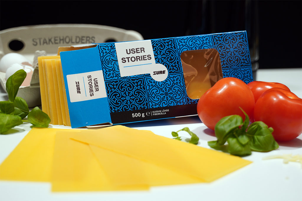 Image of preparation with lasagne sheets made to be user stories.