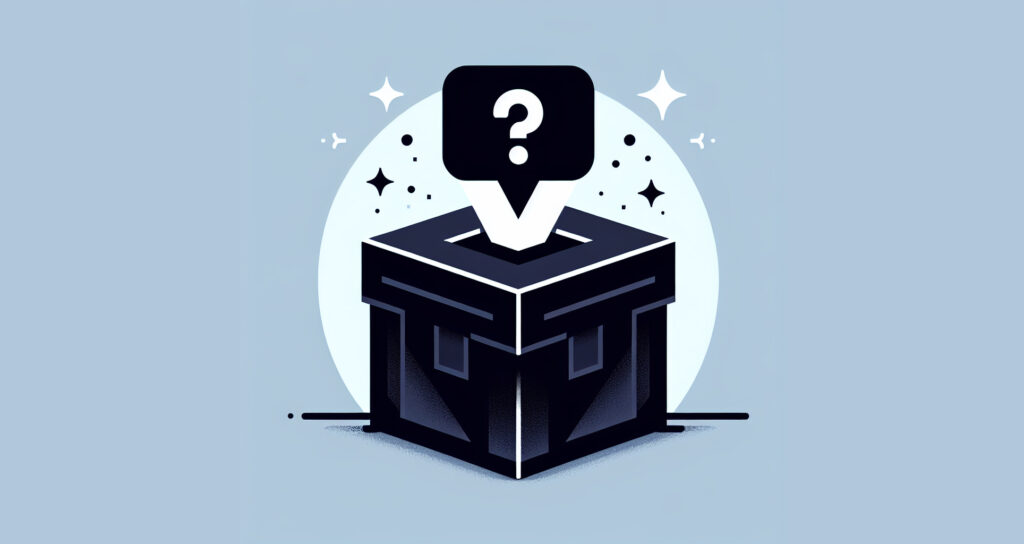 Image of a black box illustration with a question mark. AI can be a mysterious black box sometimes, since we do not know why and how it makes its decisions as users or even developers of AI solutions (image: Dall-E 3)